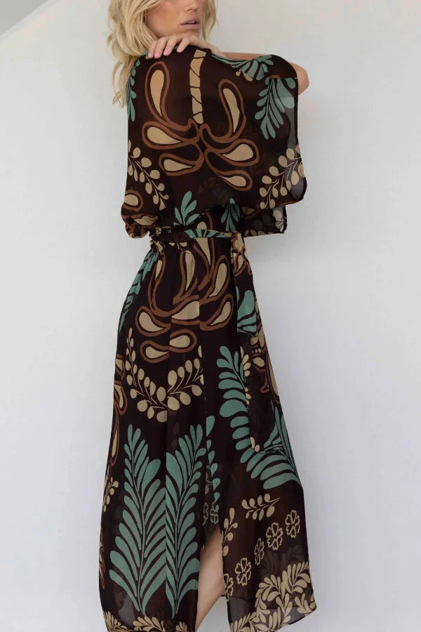 Women’s Chiffon Maxi Kaftan with Bohemian Palm Print and Adjustable Waist Belt