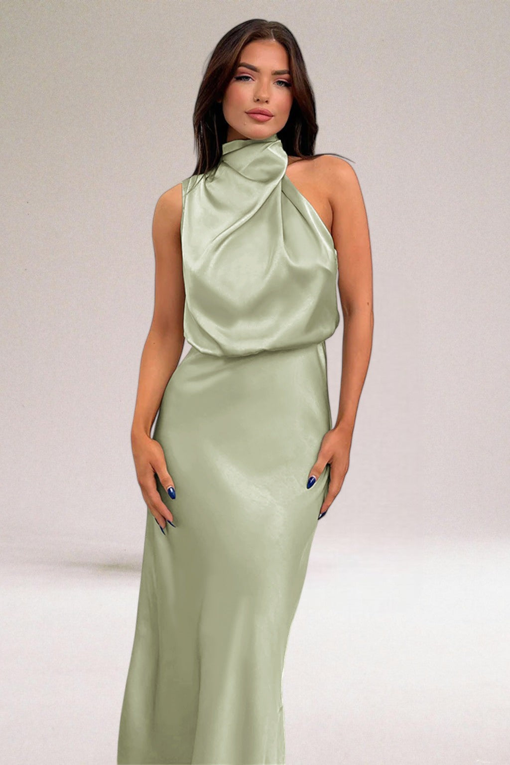 Women’s Halter-neck Maxi Dresses with High Neck and Drape Cowl Bodice