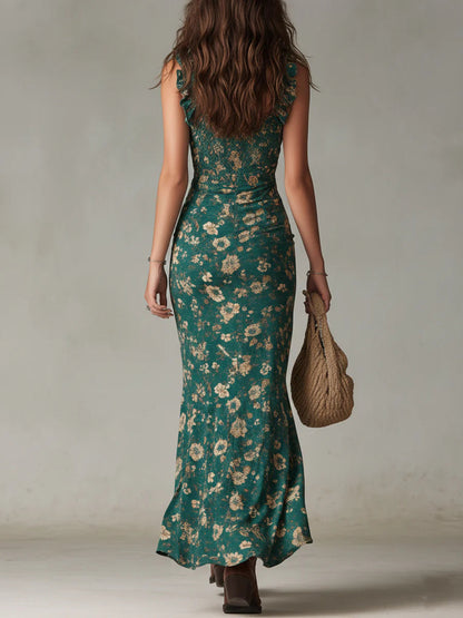 Women's Bohemian Green Printed Maxi Dress with Ruffled Sleeves for Warm Weather