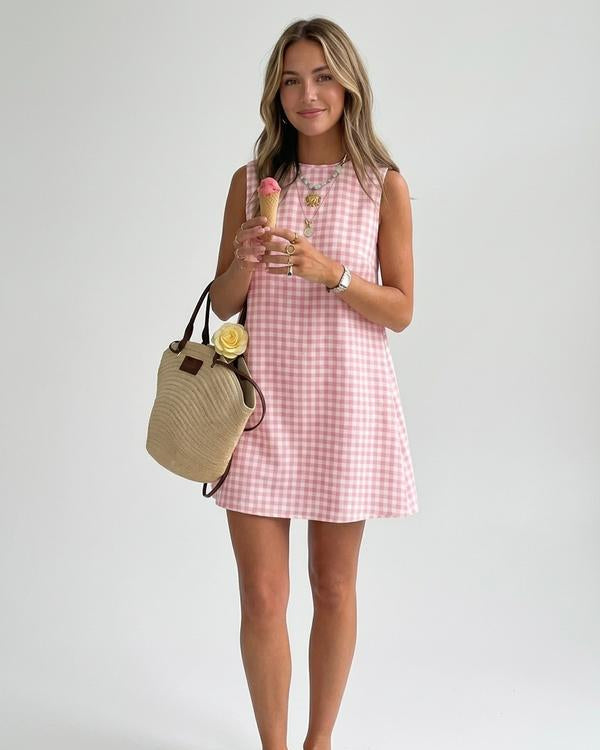 Women’s Mini Dress Gingham Check Sleeveless Shift Romper