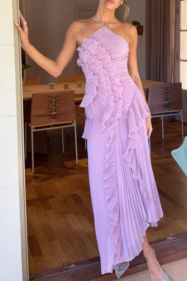 Women’s Pleated Halter Neck Ruffle Maxi Dress with Asymmetrical Hem