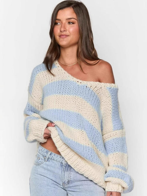 Ceylan Women’s Chunky Knit Sweater Off Shoulder Striped Pullover