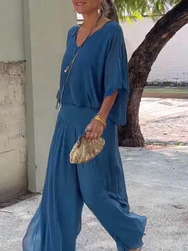 Women’s Two Piece Wide Leg Pant Set with V Neck Chiffon Tunic Top