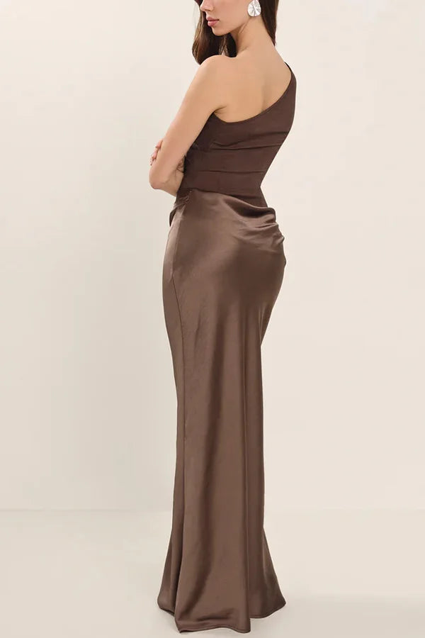 Women's One-Shoulder Asymmetric Draped Satin Maxi Dress Elegant Evening Gown