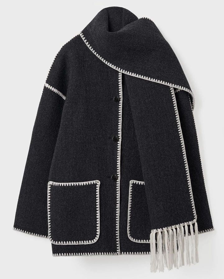 Women's Oversized Cape Coat with Fringe Trim and Contrast Stitching