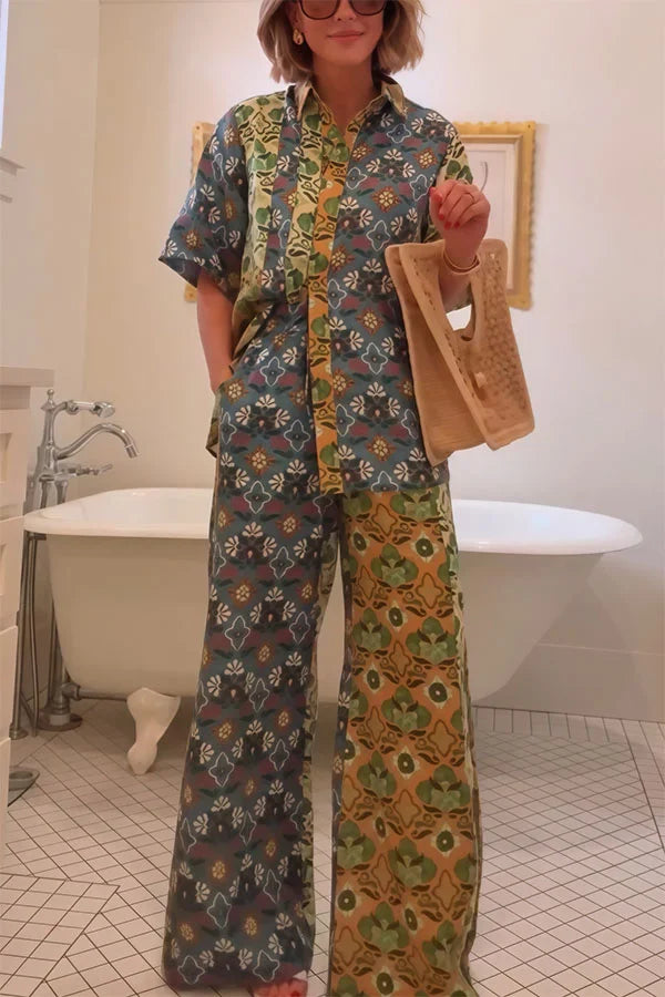 Women’s Two-Piece Set with Floral Patchwork Blouse and Wide Leg Pocket Pants