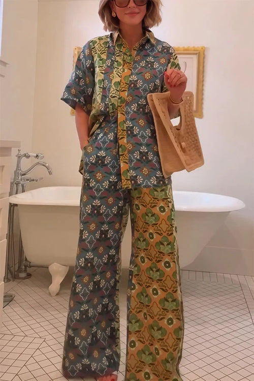 Women’s Two-Piece Set with Floral Patchwork Blouse and Wide Leg Pocket Pants