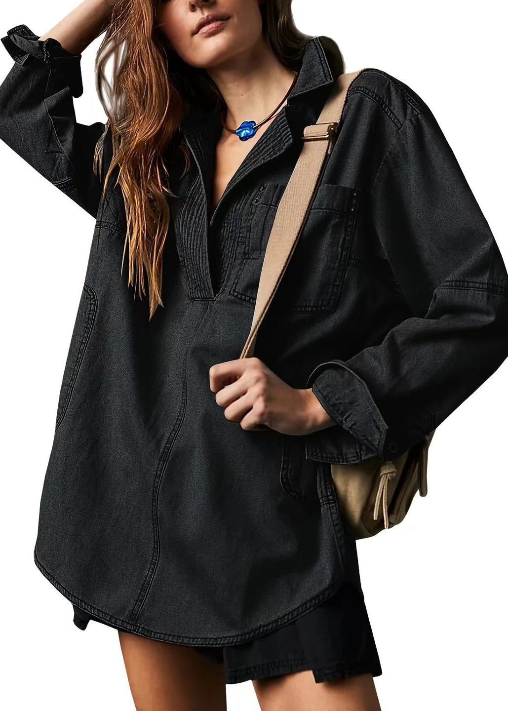 Ceylan Women’s Denim Pullover Blouse Pleated V-Neck Tunic