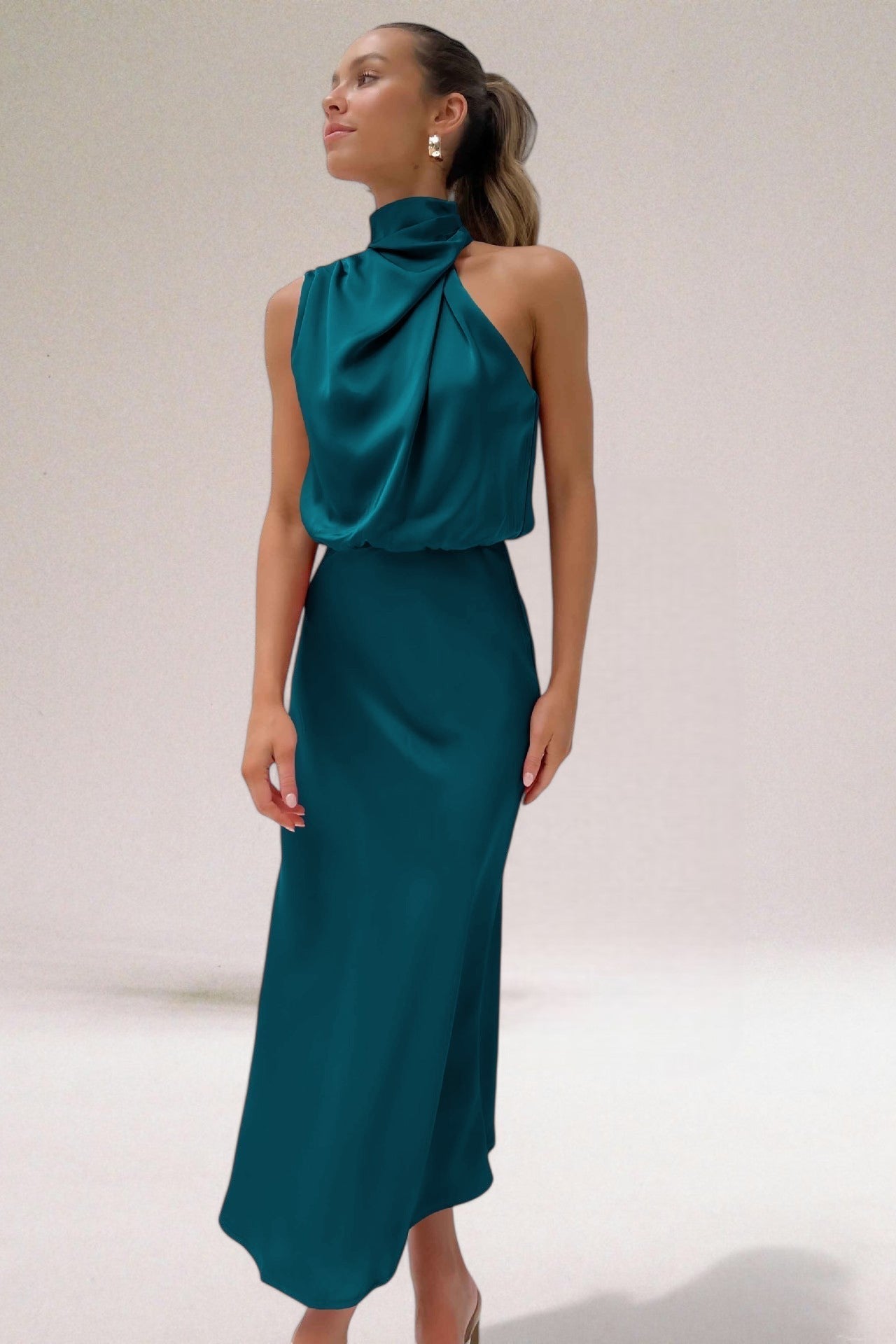 Women’s Halter-neck Maxi Dresses with High Neck and Drape Cowl Bodice