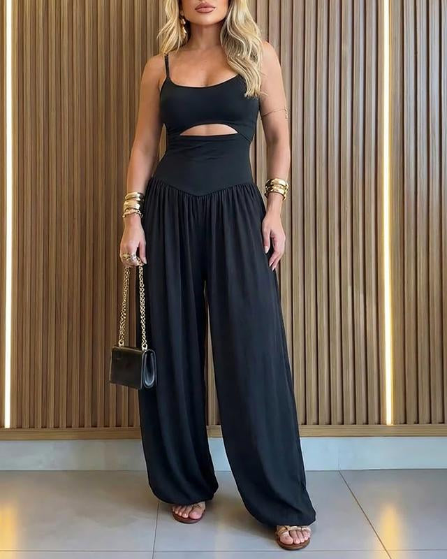 Women’s Jumpsuit with Wide Leg Silhouette and Midriff Cut-Out Detail