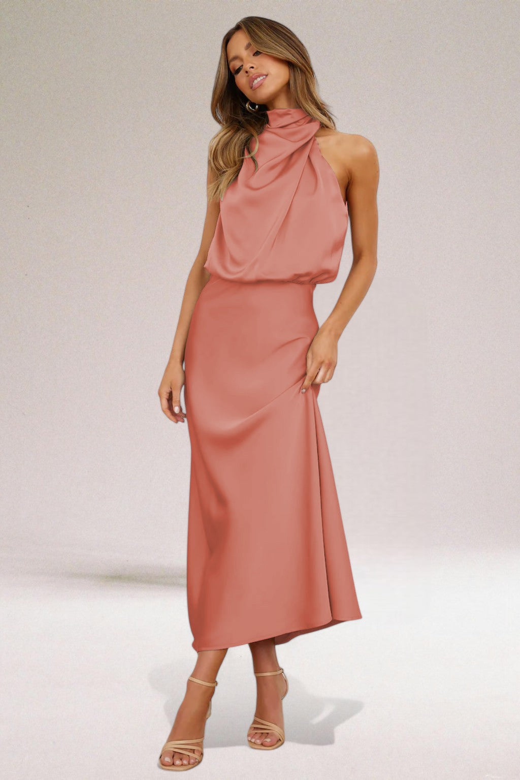 Women’s Halter-neck Maxi Dresses with High Neck and Drape Cowl Bodice