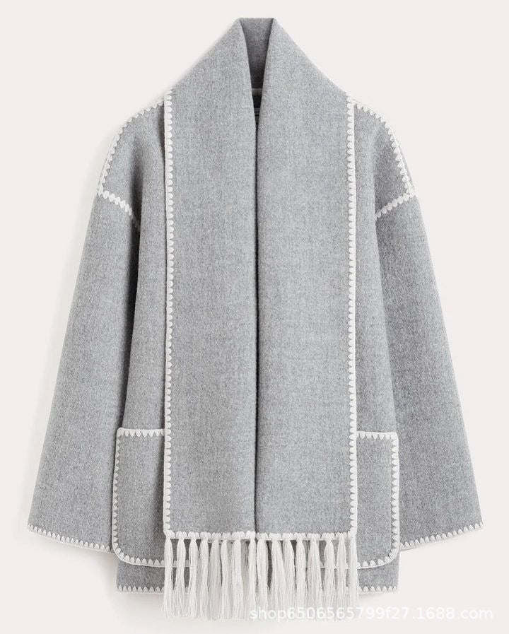 Women's Oversized Cape Coat with Fringe Trim and Contrast Stitching