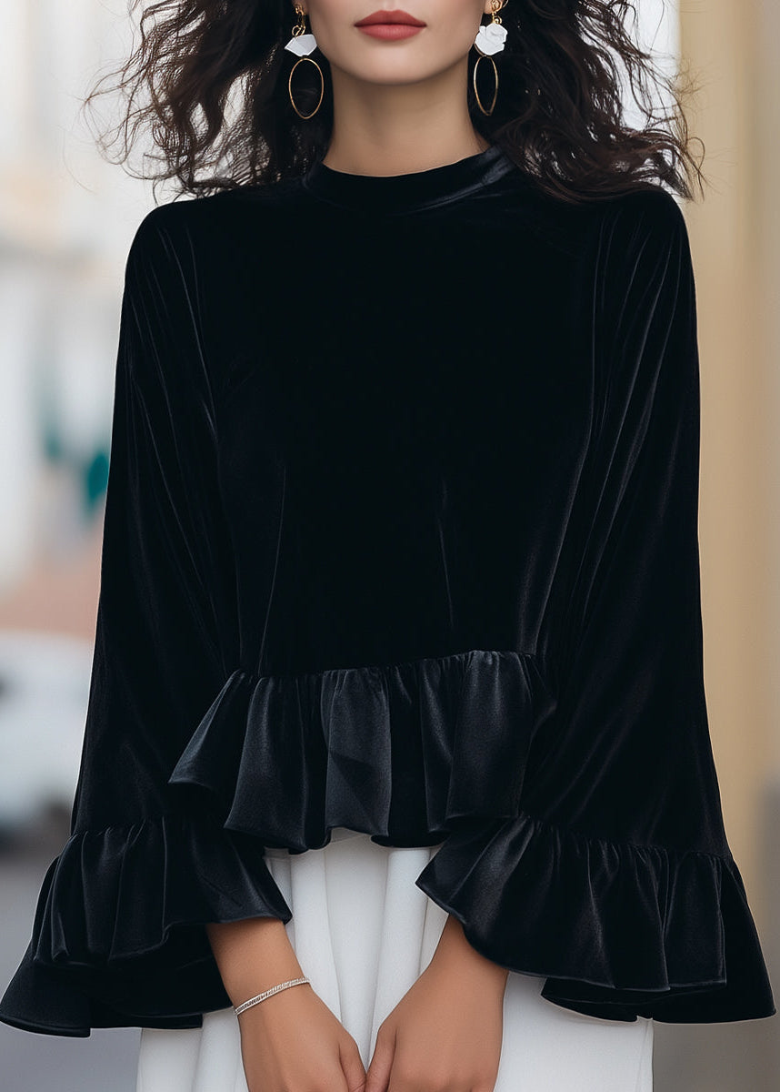 Ceylan Women’s Velvet Ruffle Blouse with Flared Flounce Sleeves