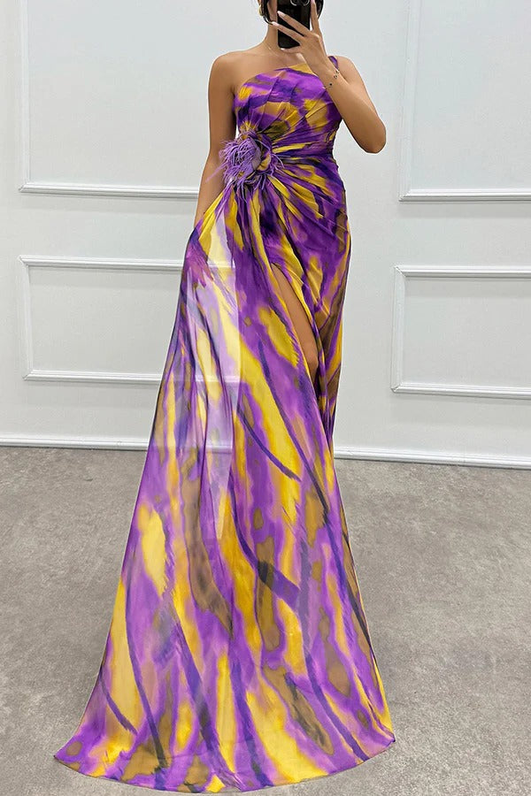 Women’s One-Shoulder Maxi Dress Feather Embellished High Slit Wedding Guest Gown