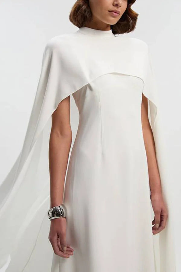 Women’s Tailored Cape Maxi Dress with Elegant High Neck and Column Silhouette