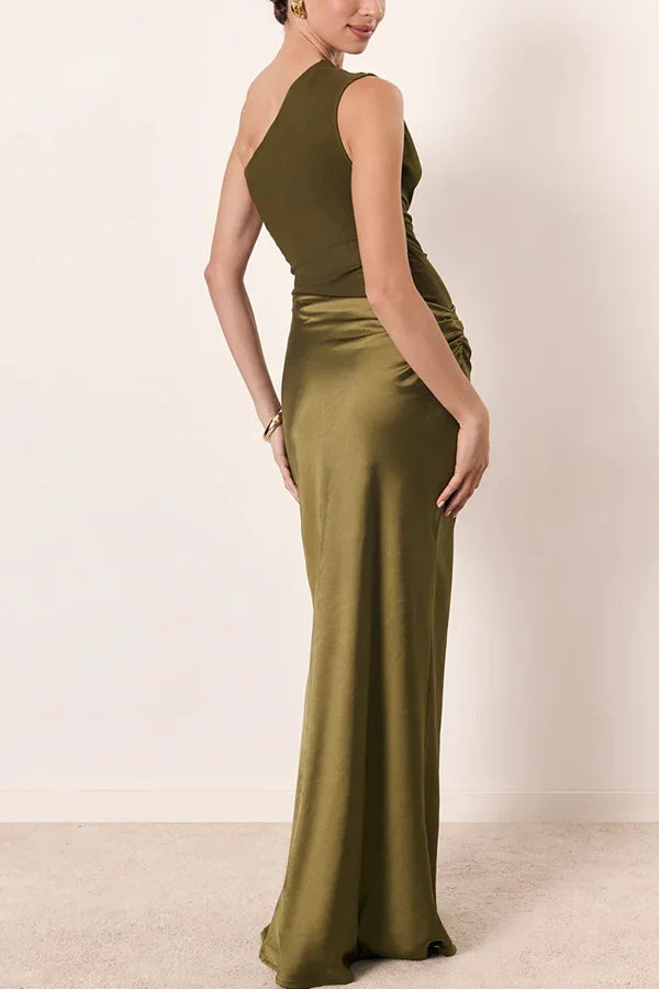 Women's One-Shoulder Asymmetric Draped Satin Maxi Dress Elegant Evening Gown