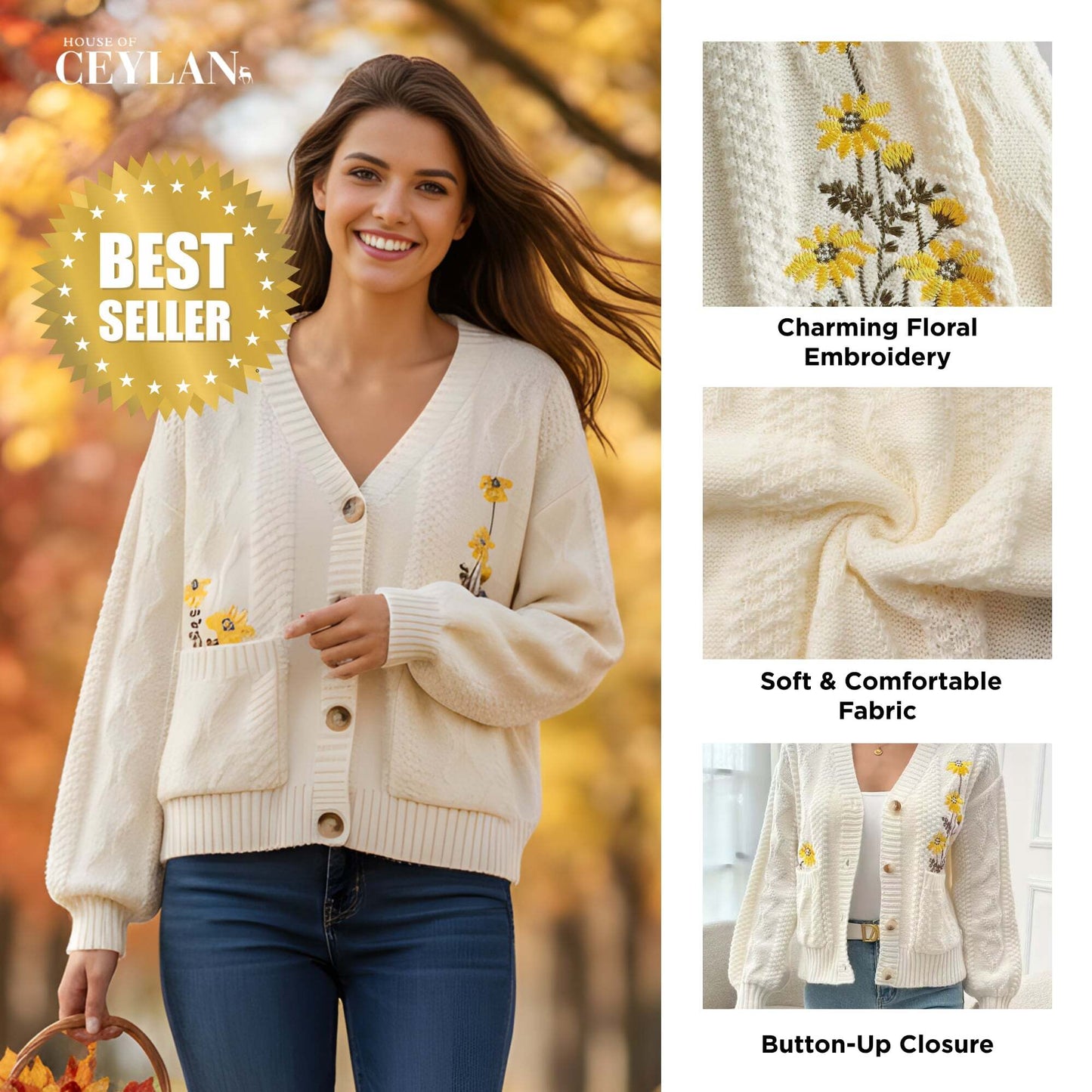 Ceylan® Embroidered Boho Floral Cardigan