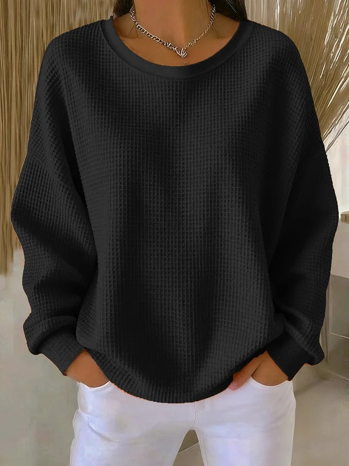 Women's Oversized Waffle Knit Dropped Shoulder Sweater With Ribbed Trim