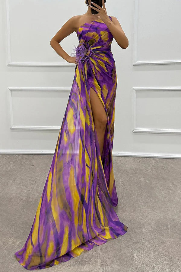 Women’s One-Shoulder Maxi Dress Feather Embellished High Slit Wedding Guest Gown