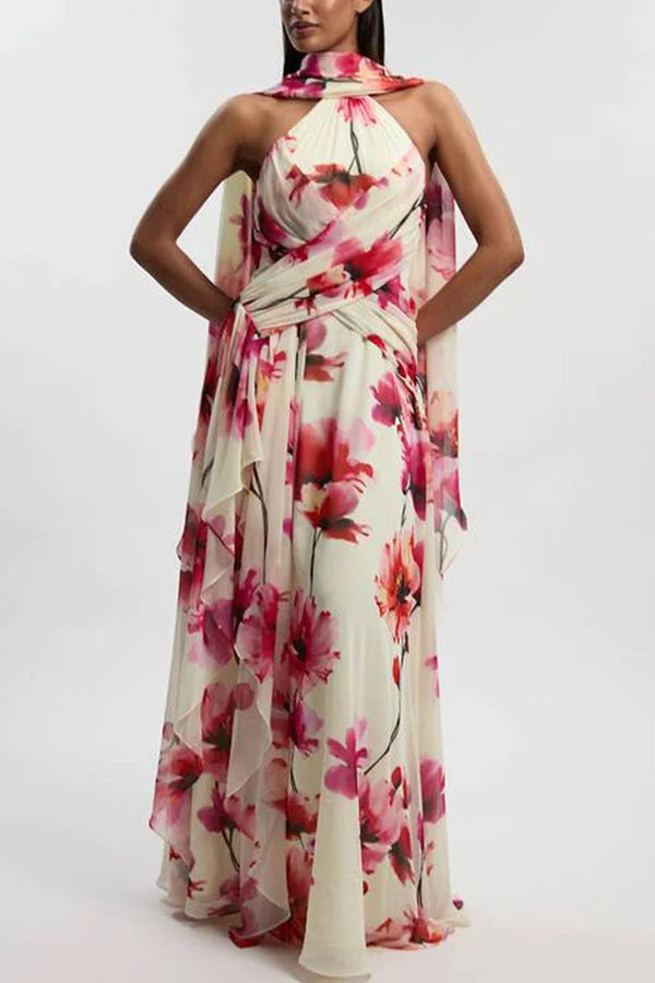 Women¡¯s Maxi Dress with Crinkle Chiffon Ruffle Trim and Cross-Front Halter Neck