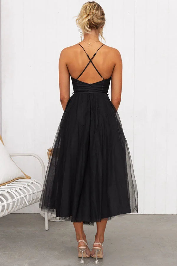 Women’s Tulle Bustier Midi Dress with Corset Bodice and Ruched Cups