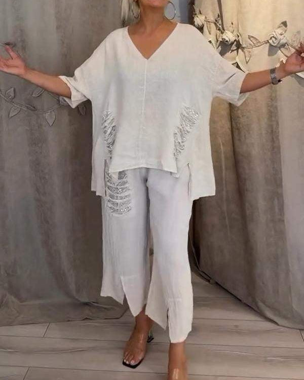 Women’s Two Piece Set V-Neck Oversized Top and Cropped Wide Leg Pants