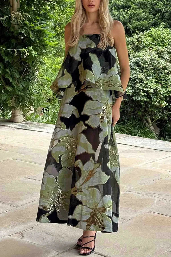 Women’s Maxi Gown with Embroidered Floral Applique and Sheer Mesh Overlay