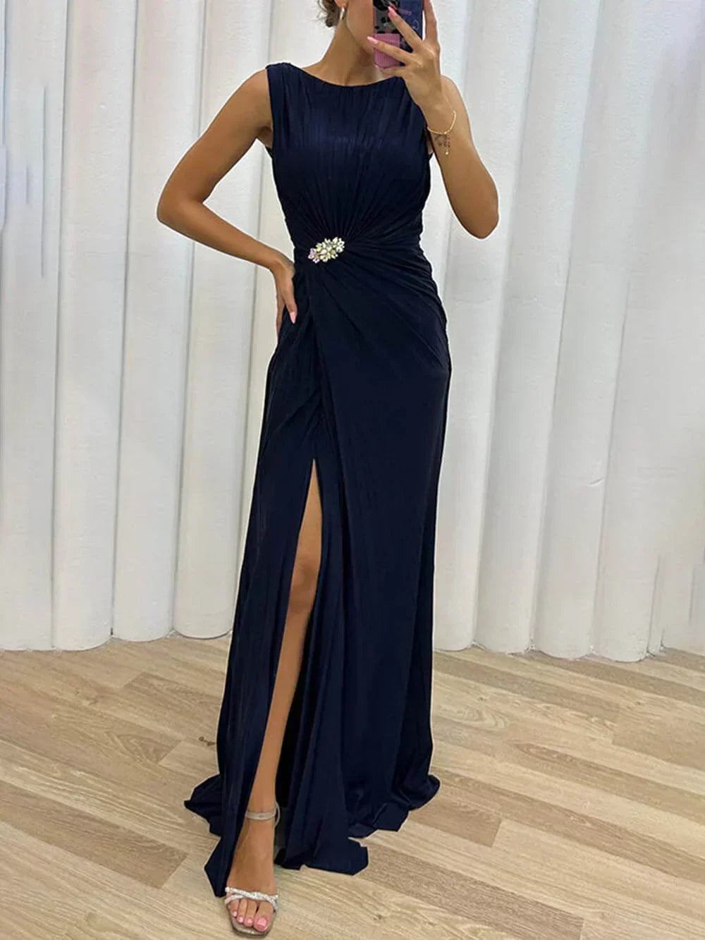 Women’s Maxi Dress with Pleated Bodice and Rhinestone Waist Detail