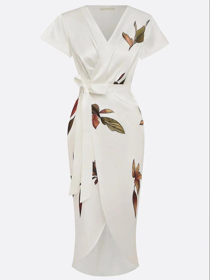 Women's Botanical Print Wrap Dress with Cinched Waist for Elegant Occasions