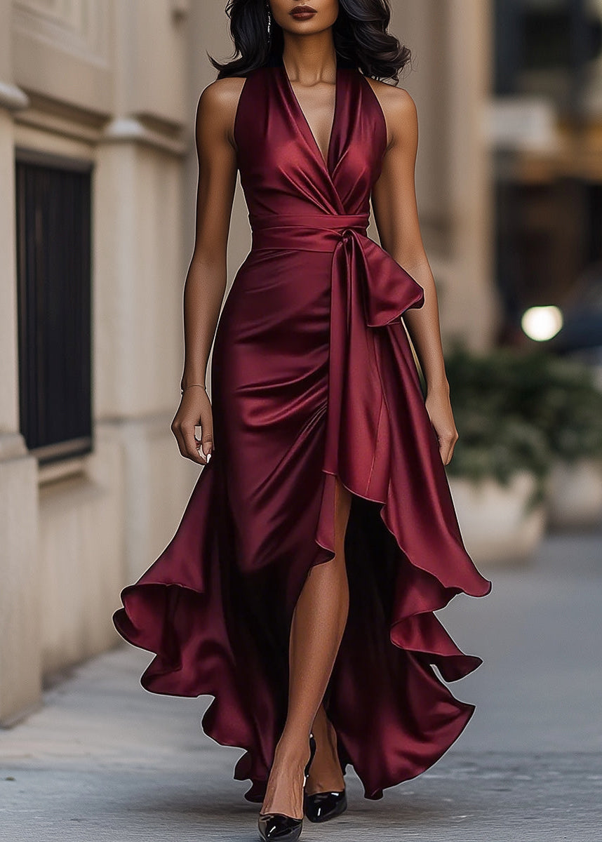 Ceylan Women’s Satin Halter Neck Gown with Asymmetric Ruffles