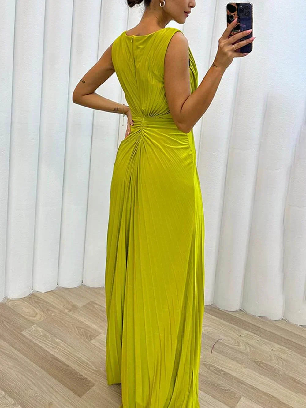 Women’s Maxi Dress with Pleated Bodice and Rhinestone Waist Detail