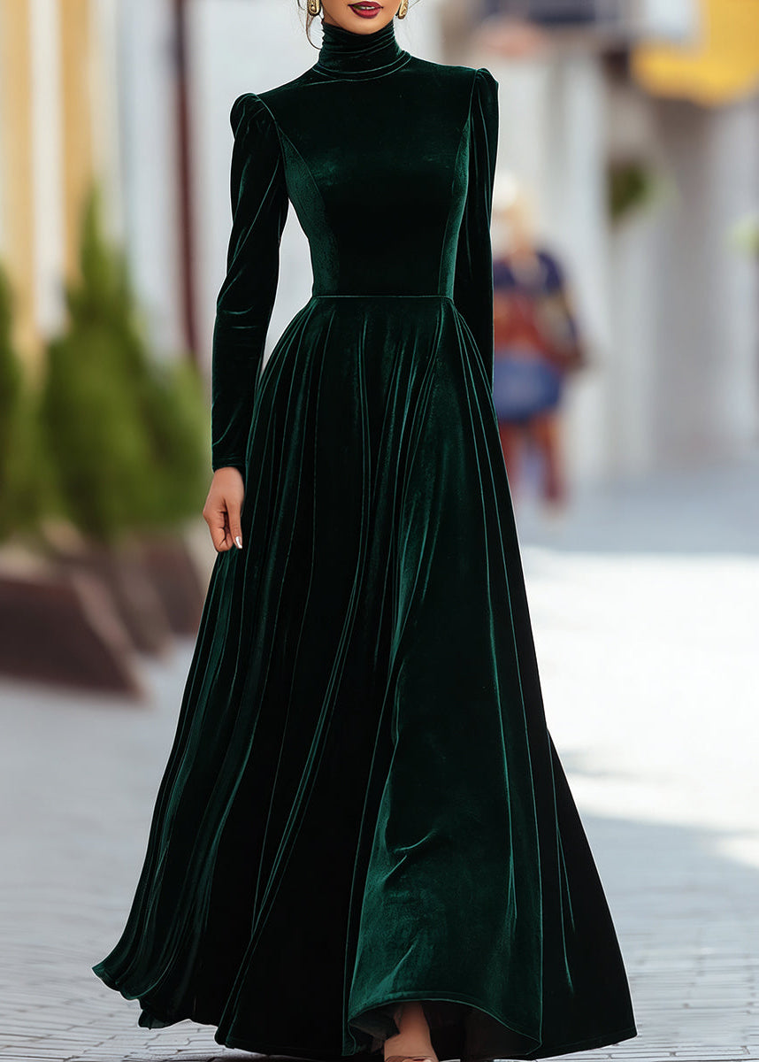 Ceylan Women’s High Neck Velvet Maxi Dress with Structured Shoulders
