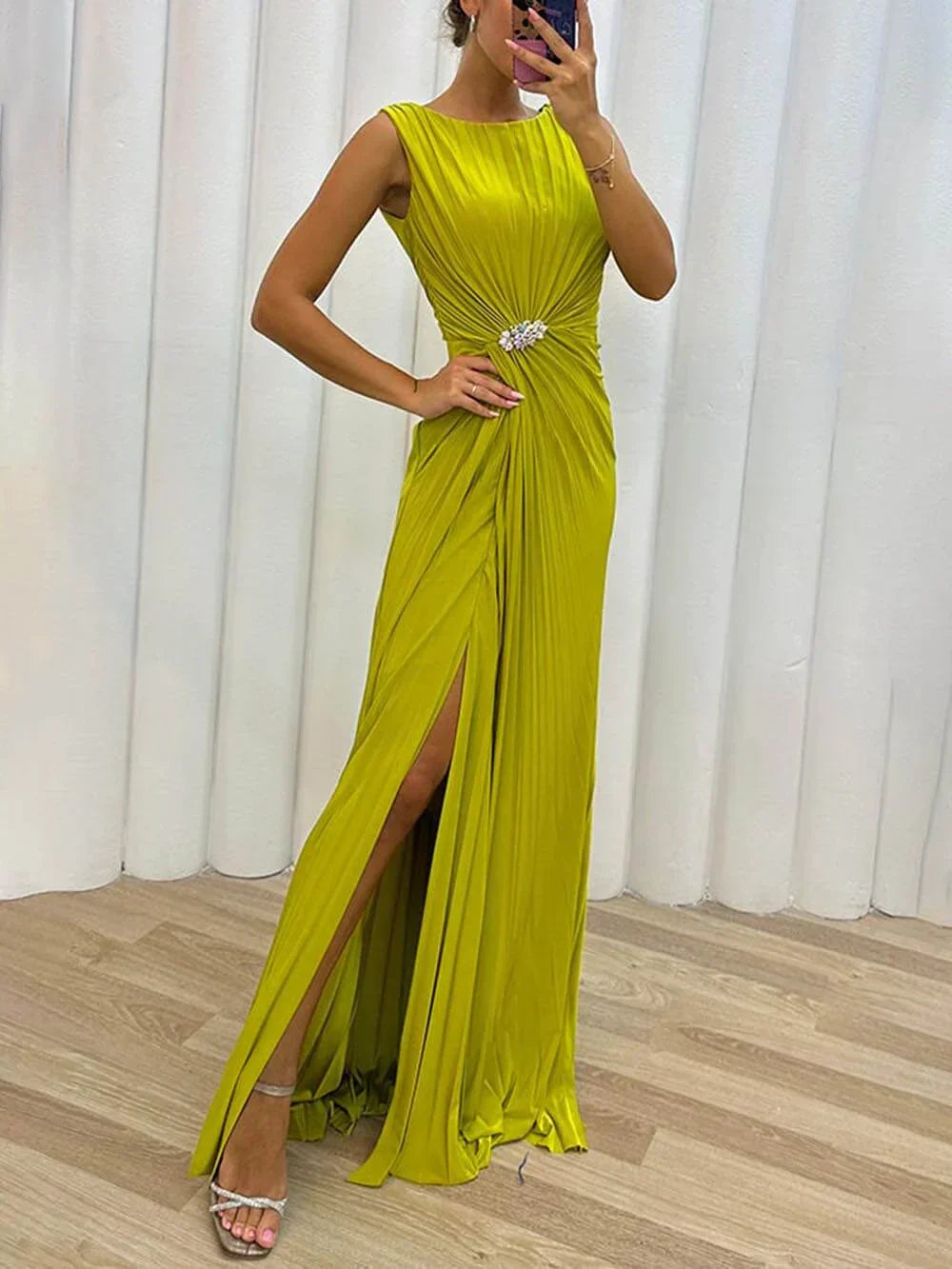 Women’s Maxi Dress with Pleated Bodice and Rhinestone Waist Detail