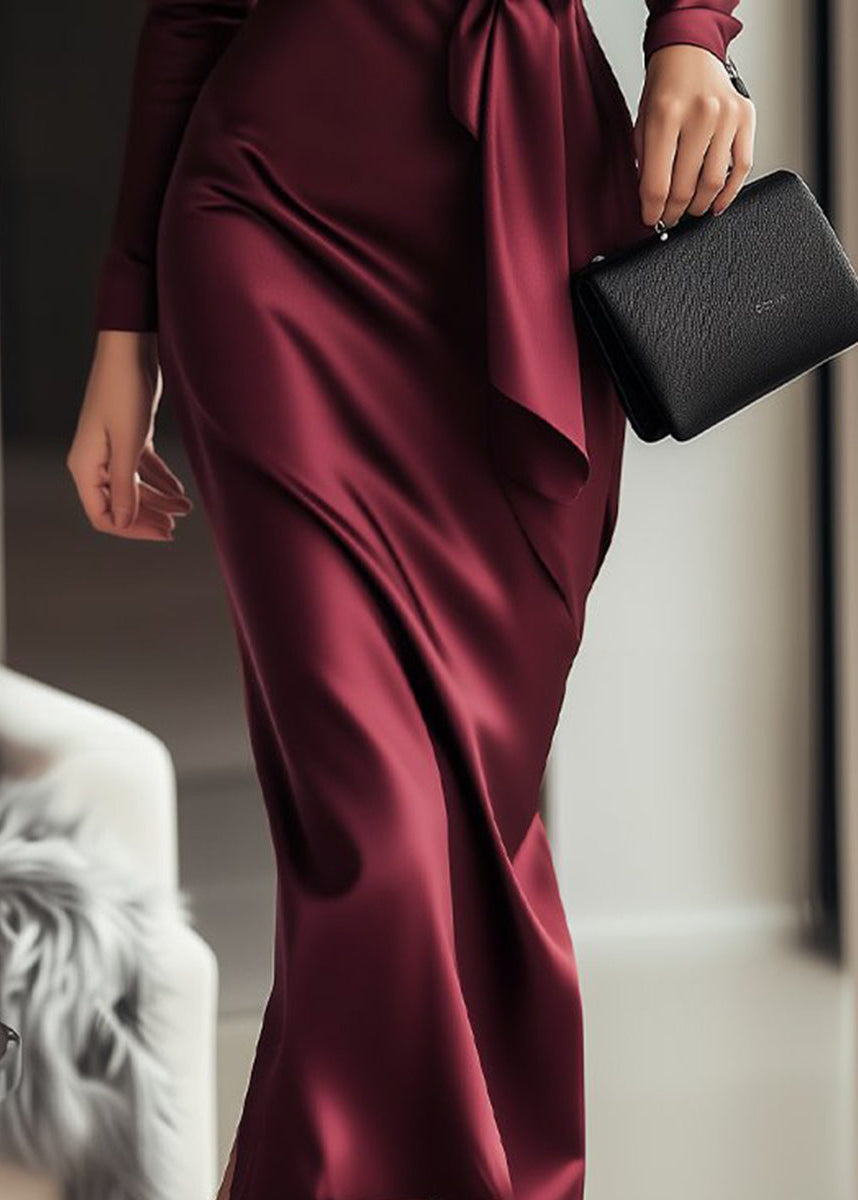 Ceylan Women’s Long Sleeve Satin Wrap Dress with Waist Tie Detail