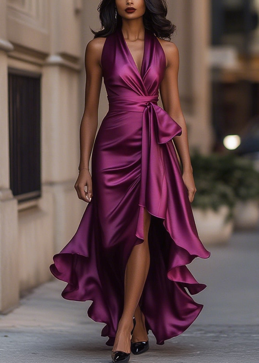 Ceylan Women’s Satin Halter Neck Gown with Asymmetric Ruffles
