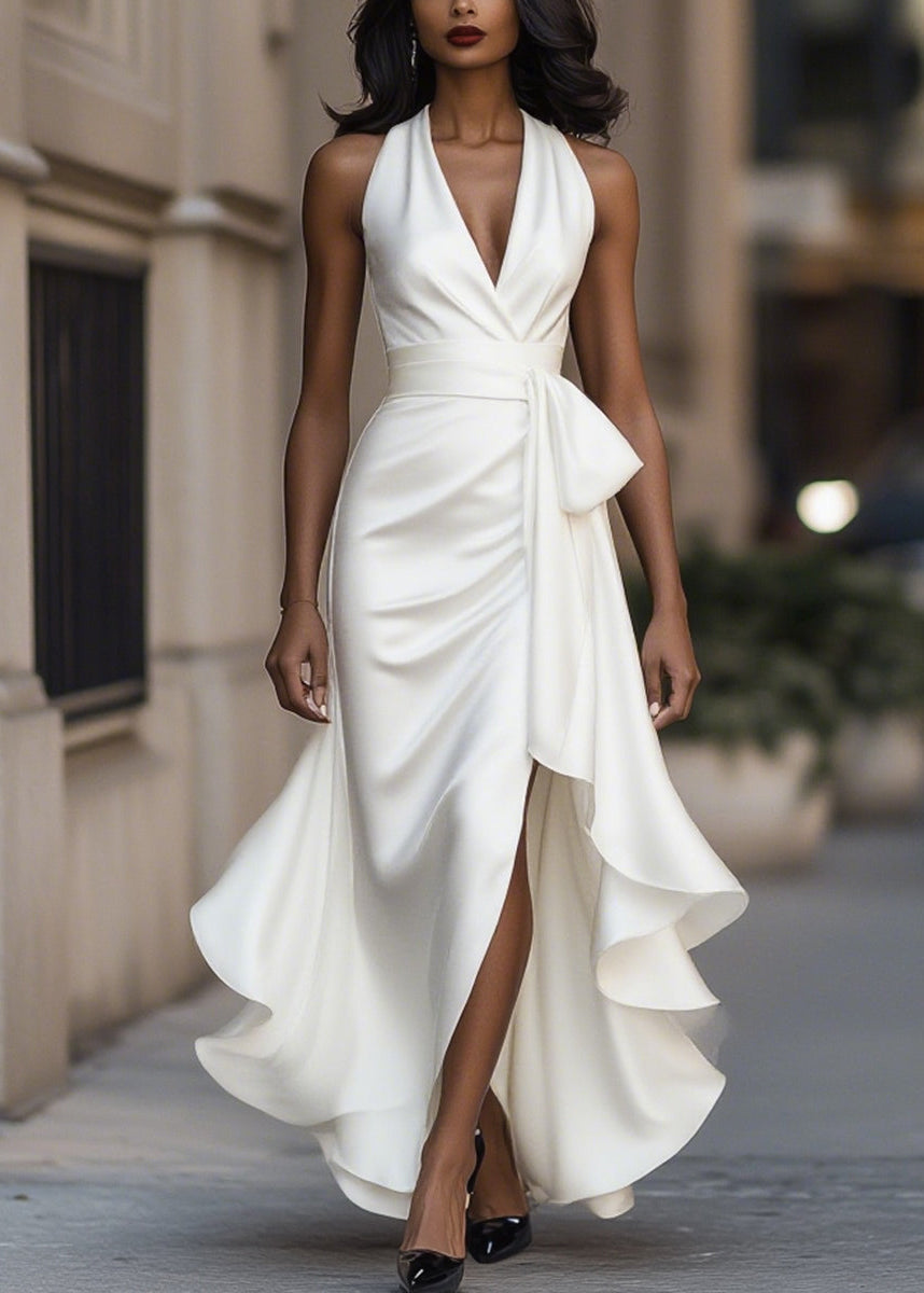Ceylan Women’s Satin Halter Neck Gown with Asymmetric Ruffles