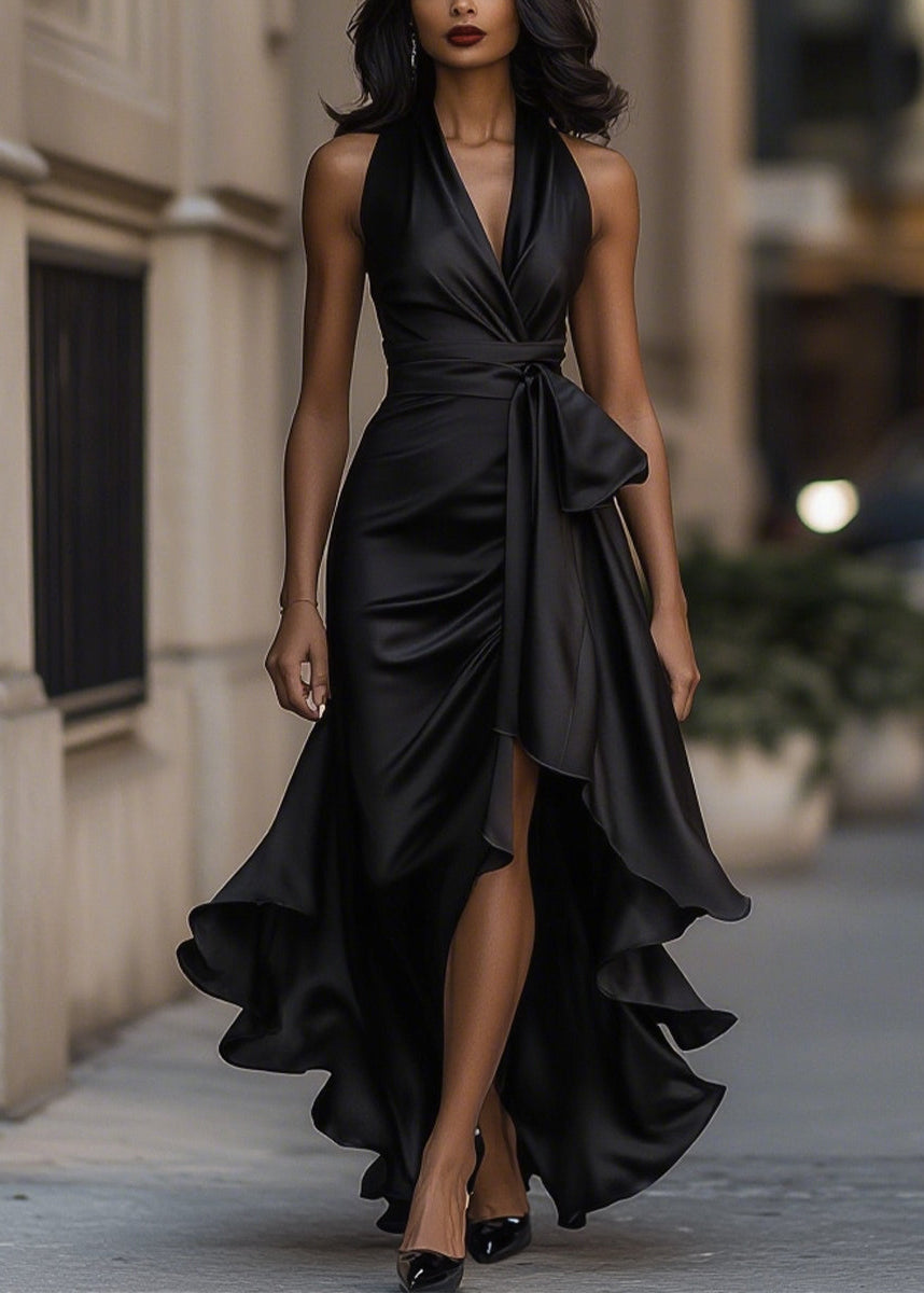 Ceylan Women’s Satin Halter Neck Gown with Asymmetric Ruffles