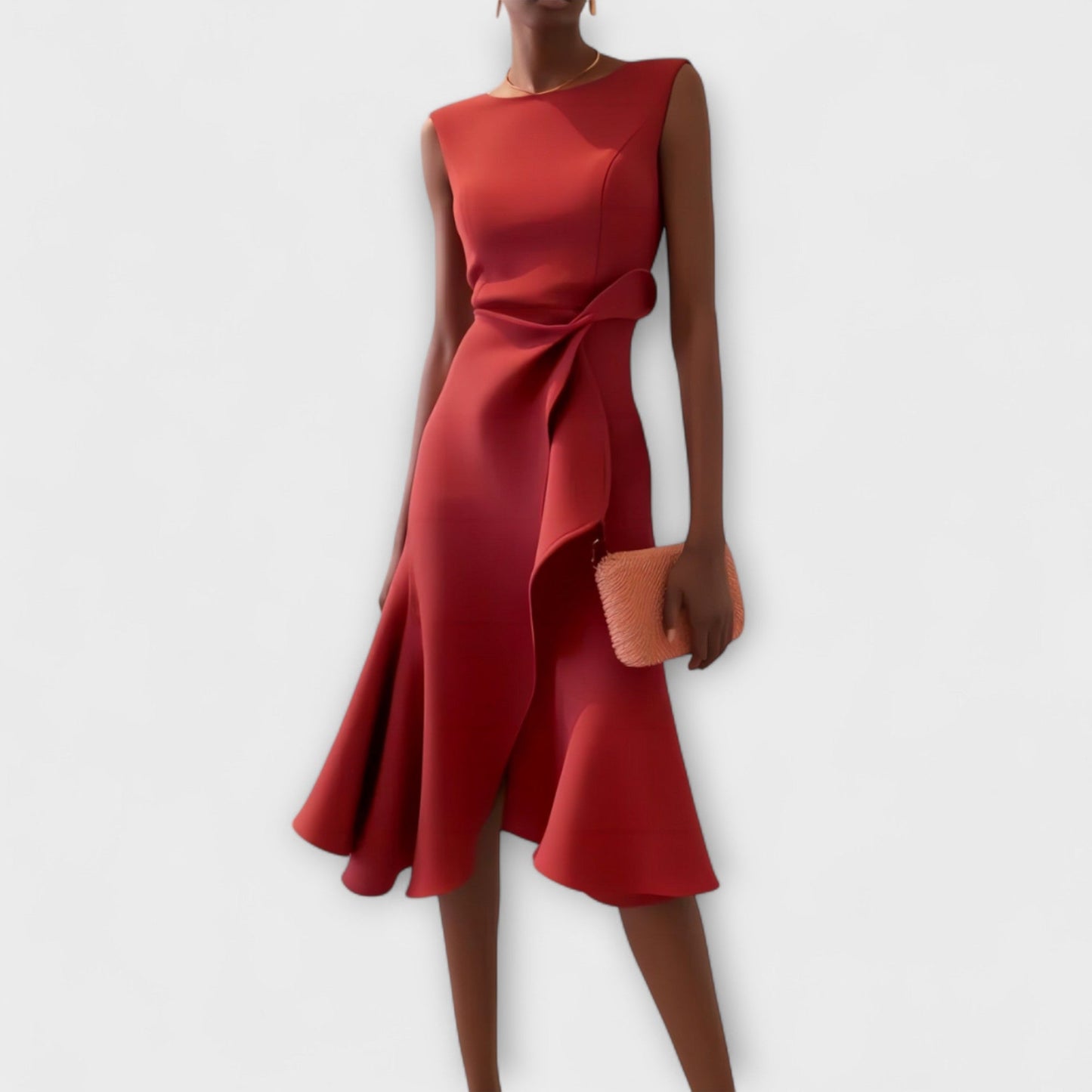 Women’s Midi Dress with Asymmetric Draped Ruffle and Sleeveless Fit
