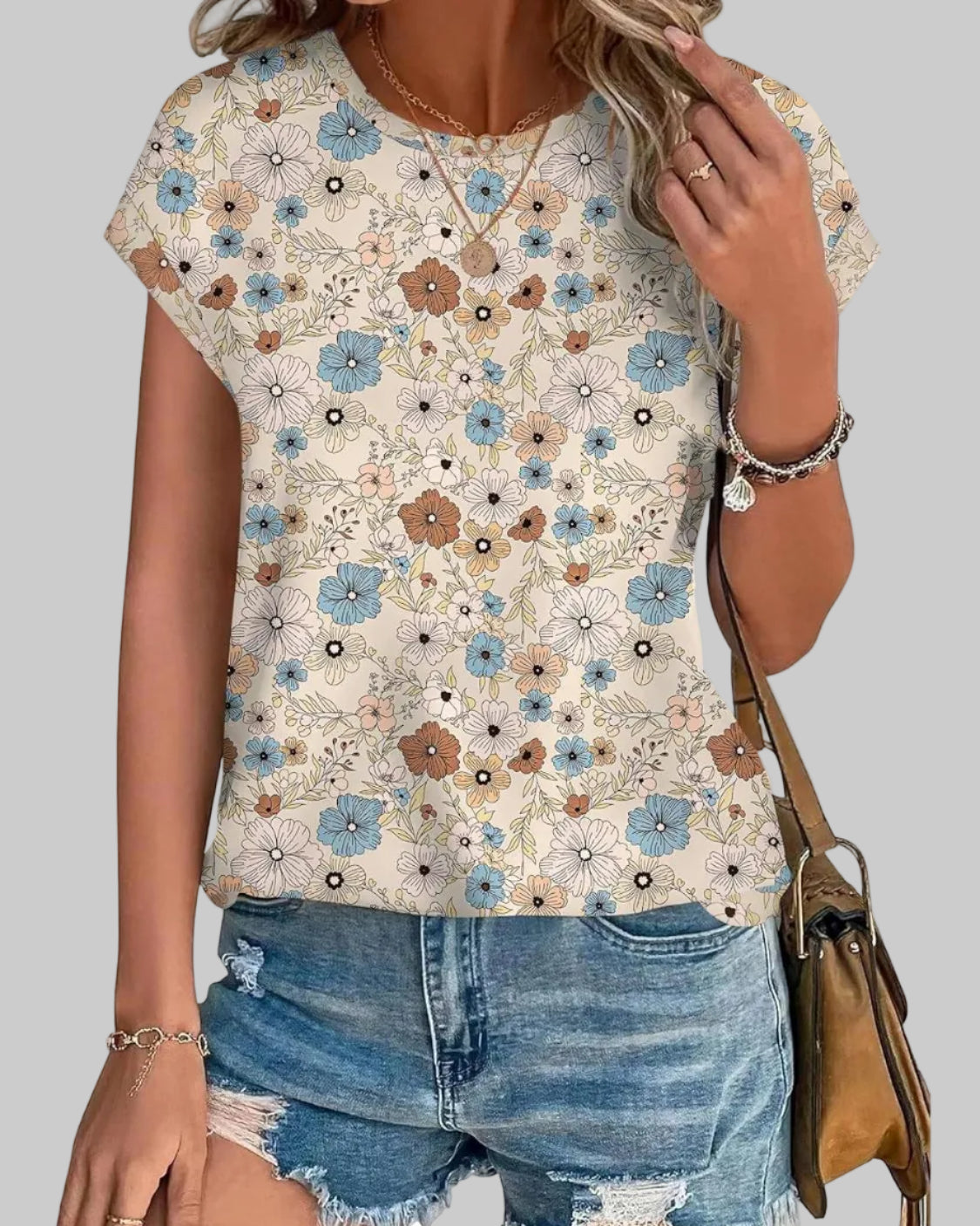 Women's Casual Top Botanical Leaf Print Crew Neck Cap Sleeve Blouse