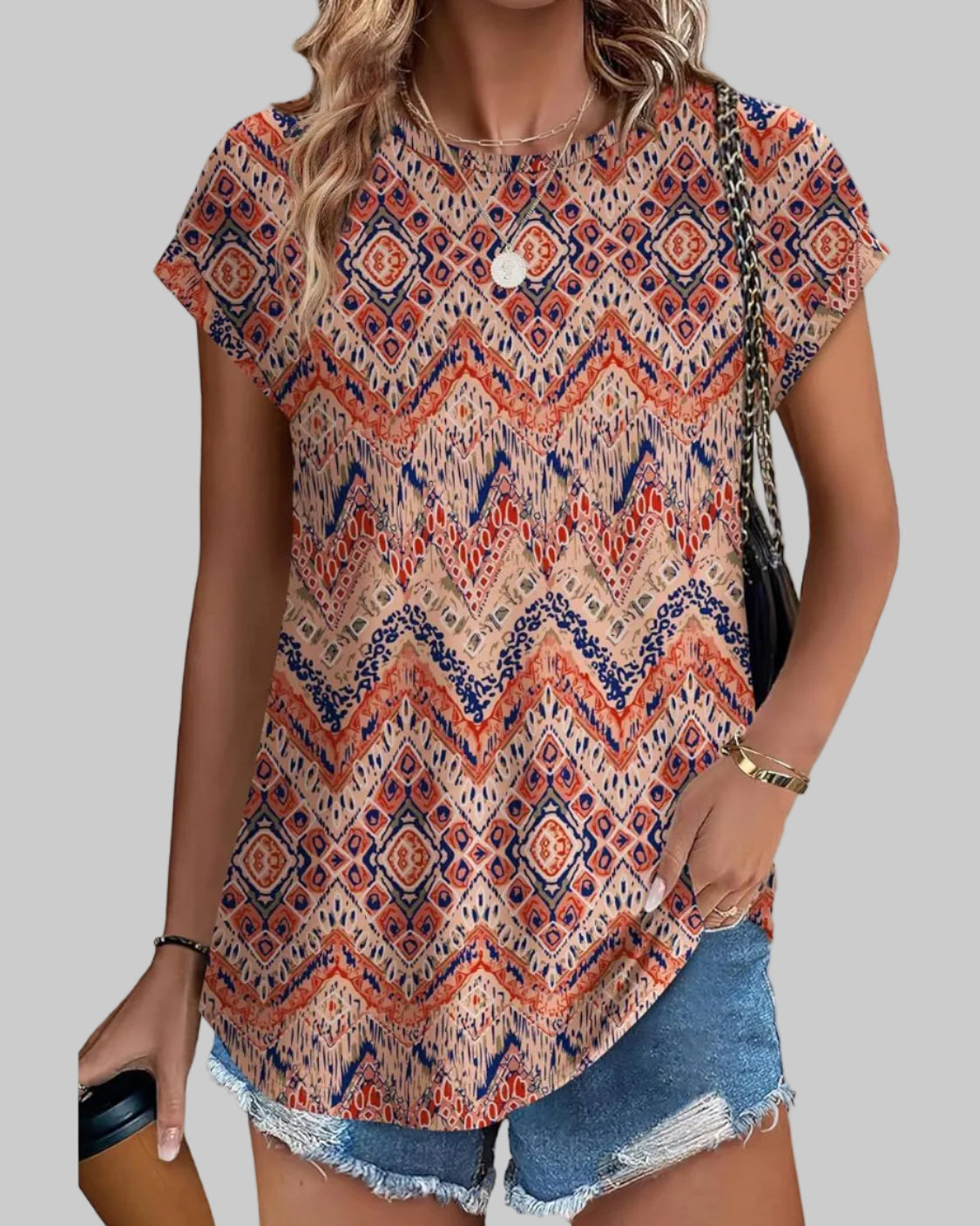 Women's Casual Top Botanical Leaf Print Crew Neck Cap Sleeve Blouse