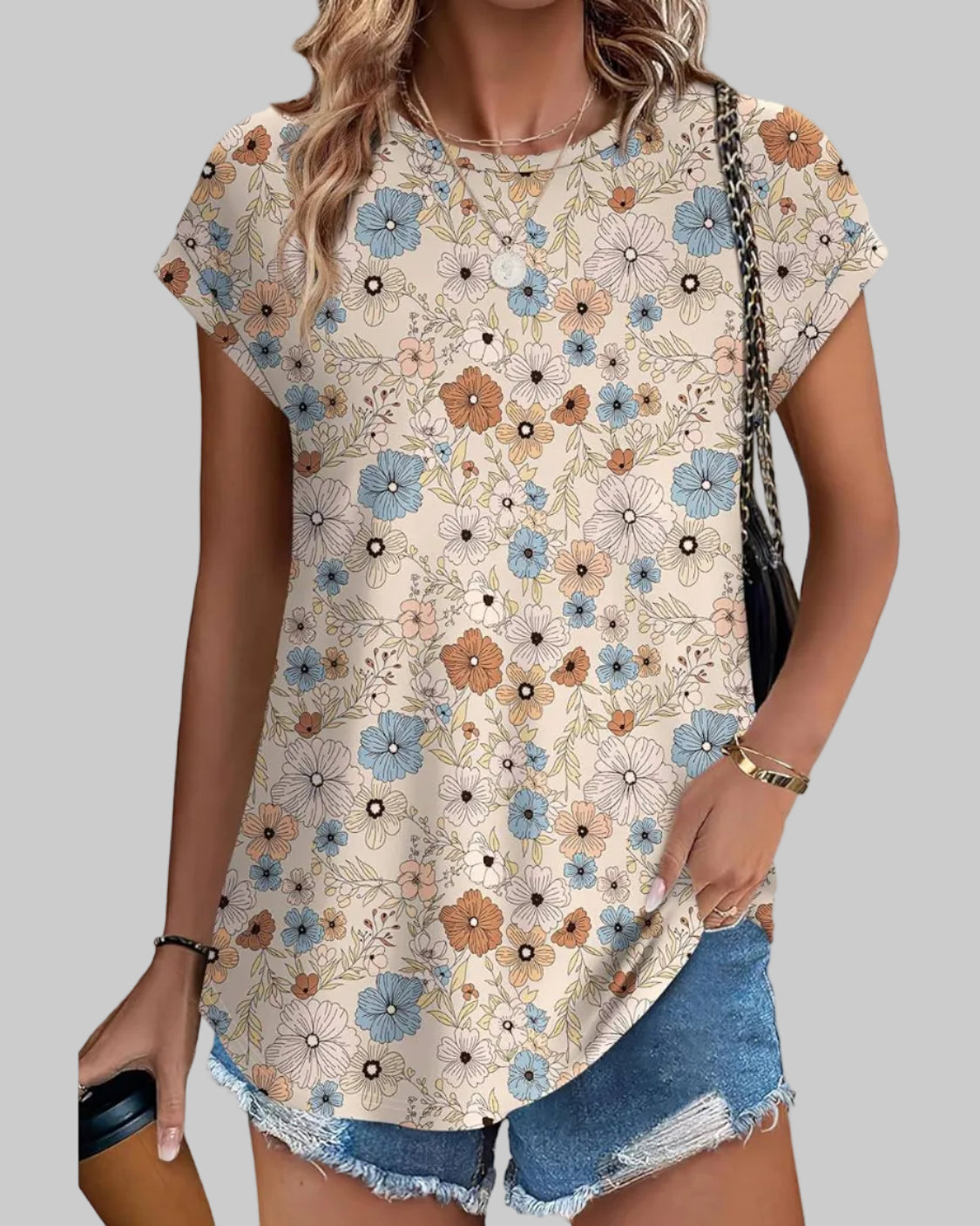 Women's Casual Top Botanical Leaf Print Crew Neck Cap Sleeve Blouse