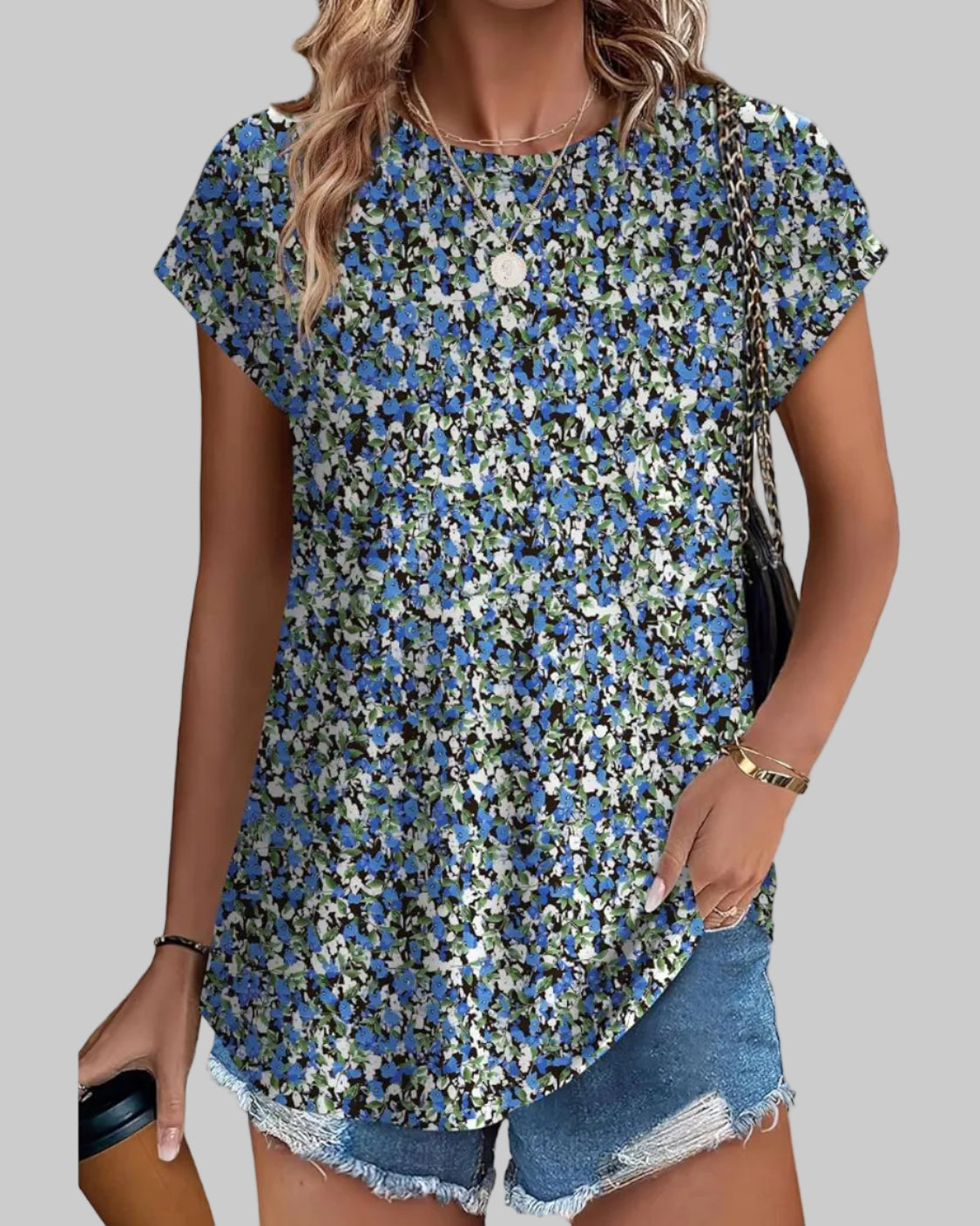 Women's Casual Top Botanical Leaf Print Crew Neck Cap Sleeve Blouse