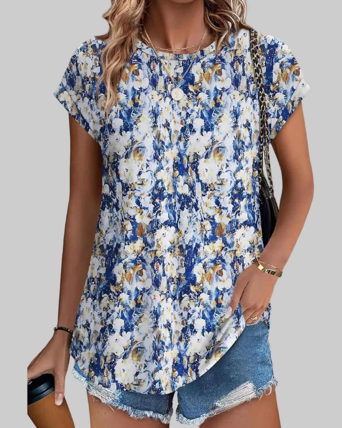 Women's Casual Top Botanical Leaf Print Crew Neck Cap Sleeve Blouse