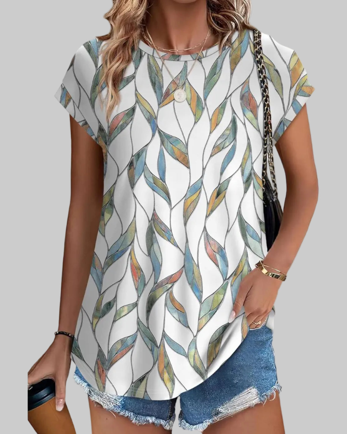 Women's Casual Top Botanical Leaf Print Crew Neck Cap Sleeve Blouse