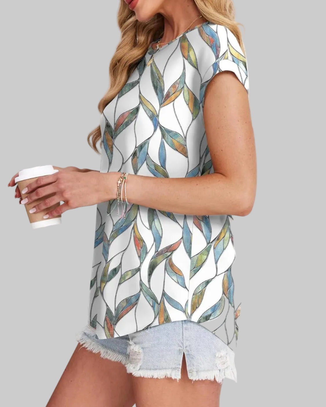 Women's Casual Top Botanical Leaf Print Crew Neck Cap Sleeve Blouse