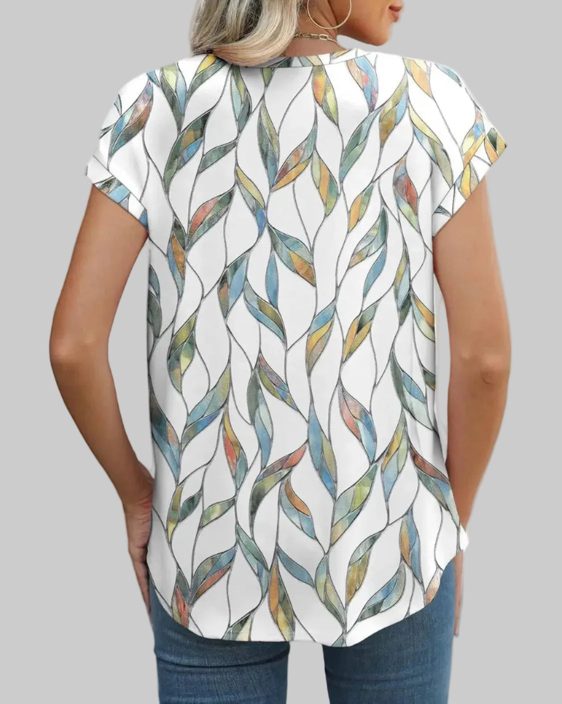 Women's Casual Top Botanical Leaf Print Crew Neck Cap Sleeve Blouse