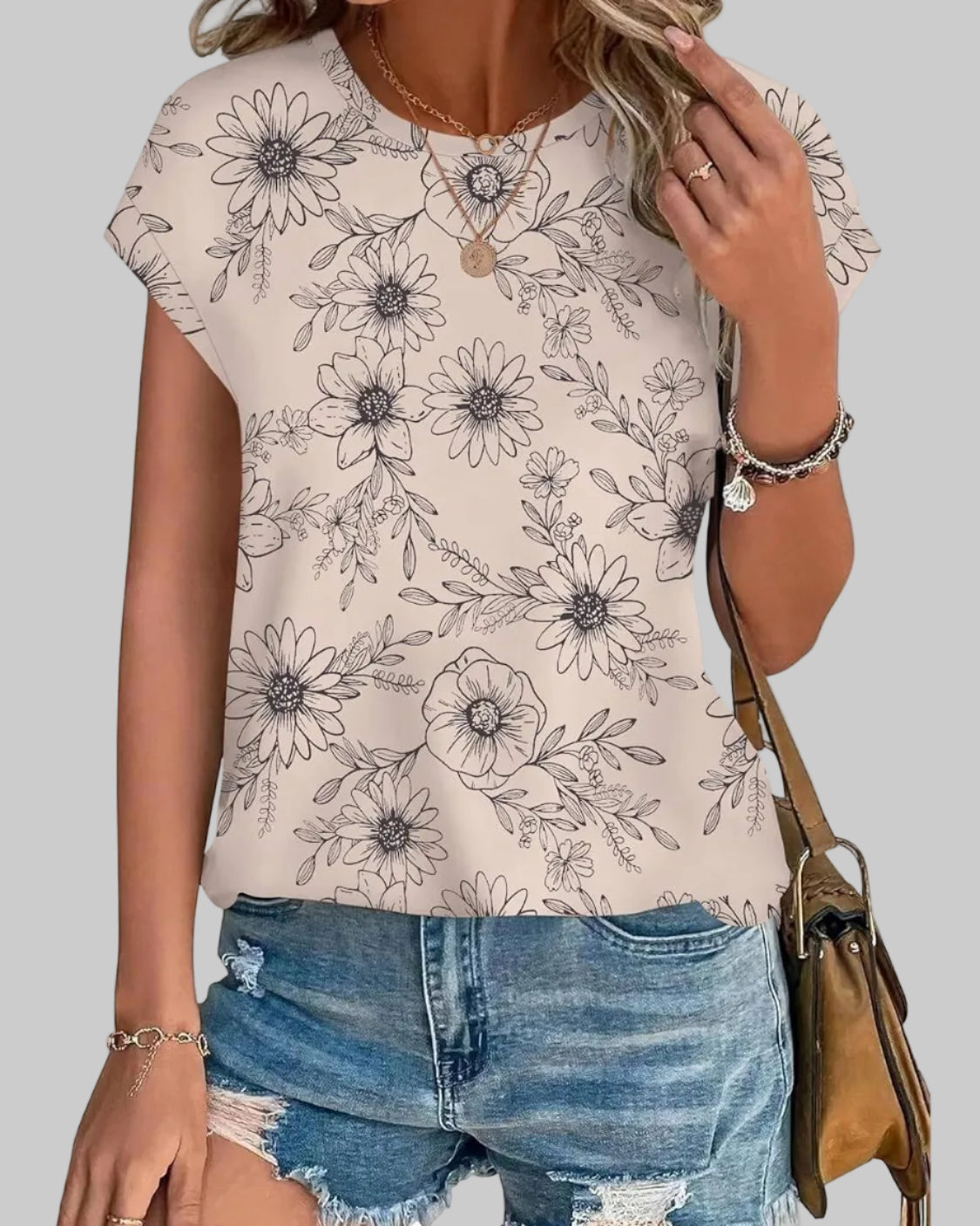 Women's Casual Top Botanical Leaf Print Crew Neck Cap Sleeve Blouse