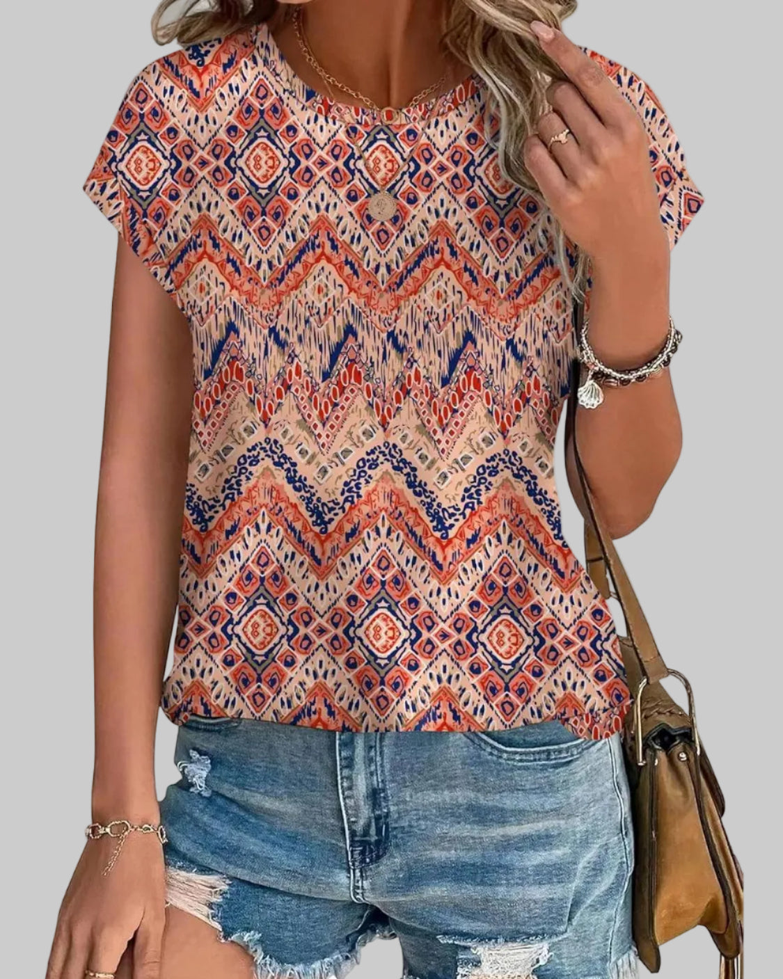 Women's Casual Top Botanical Leaf Print Crew Neck Cap Sleeve Blouse