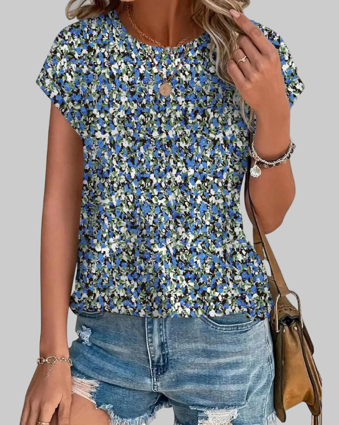 Women's Casual Top Botanical Leaf Print Crew Neck Cap Sleeve Blouse