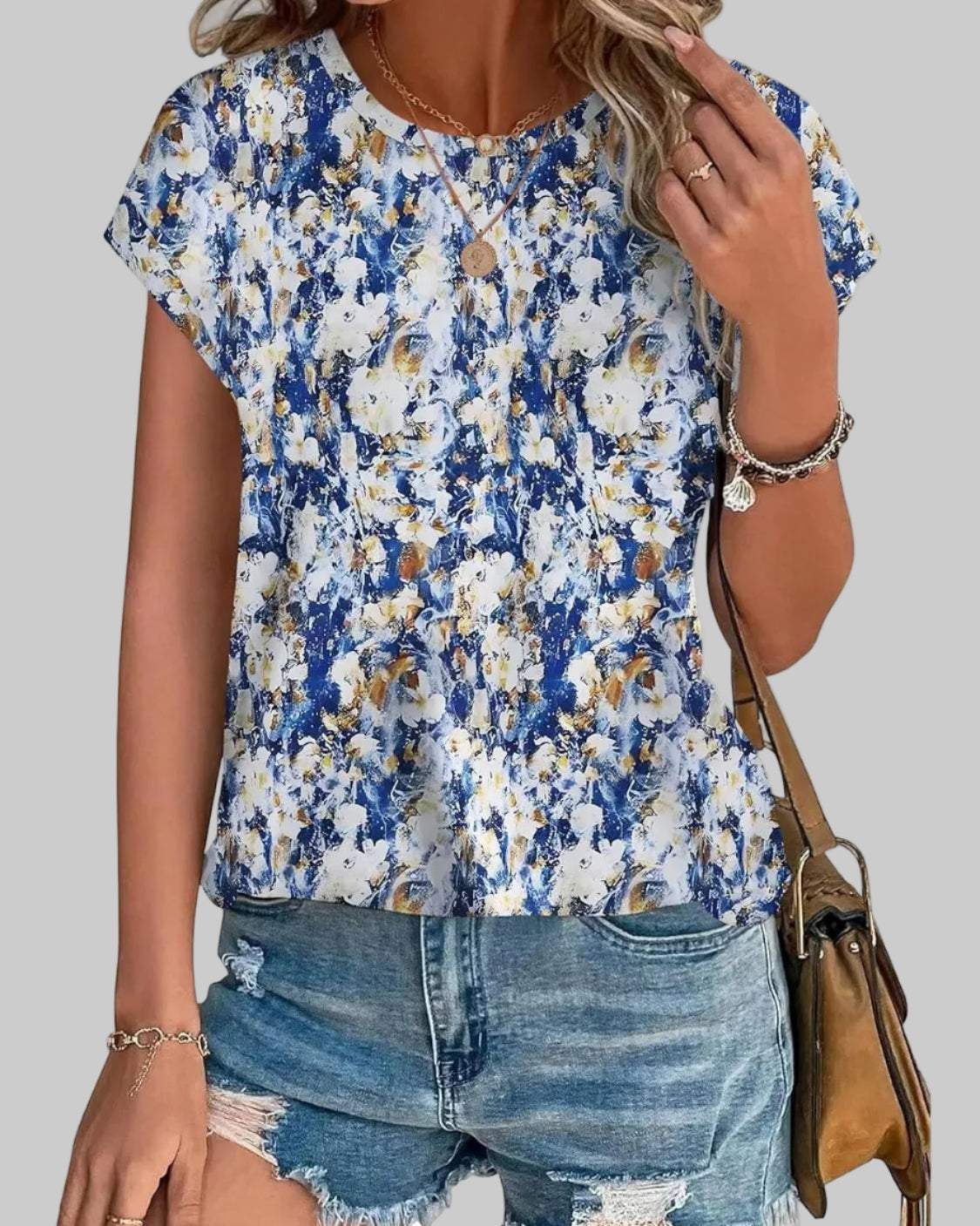 Women's Casual Top Botanical Leaf Print Crew Neck Cap Sleeve Blouse